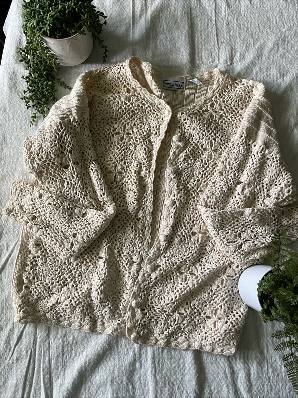 Vintage Crochet Button Front Cardigan - Cream